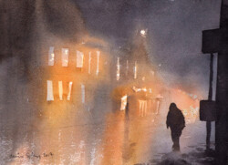 View across Bredgatan. I buy all my painting materials at Ljungbergs Artist just across the street. Bredgatan at night